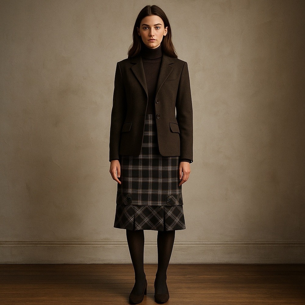 Harold's‎ Classic Chic Black Plaid Pleated Pencil Skirt | Dark Academia Retro